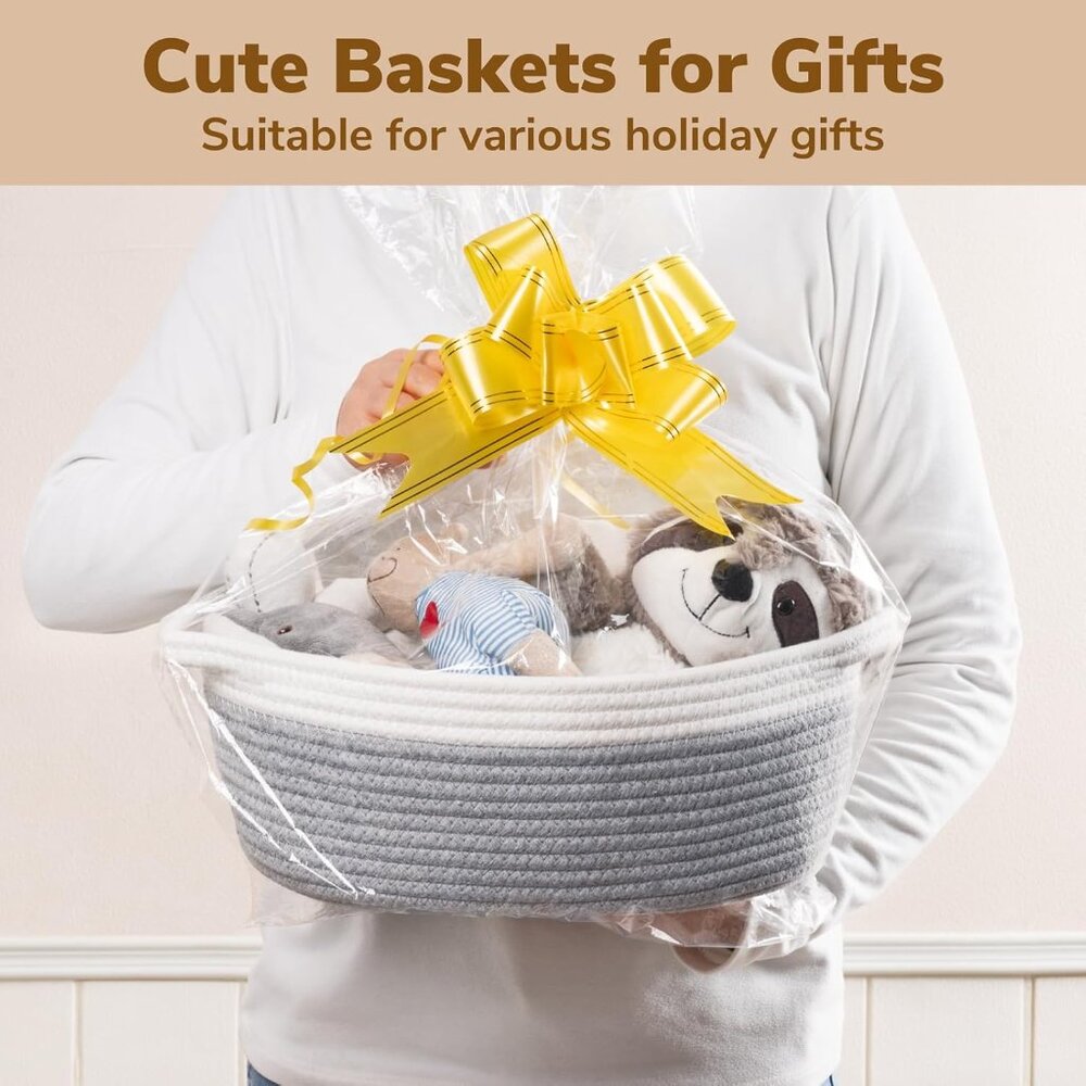 Small Woven Storage Basket with Handles, Cotton Rope Baskets for Gifts Empty, Do - Picture 4 of 8